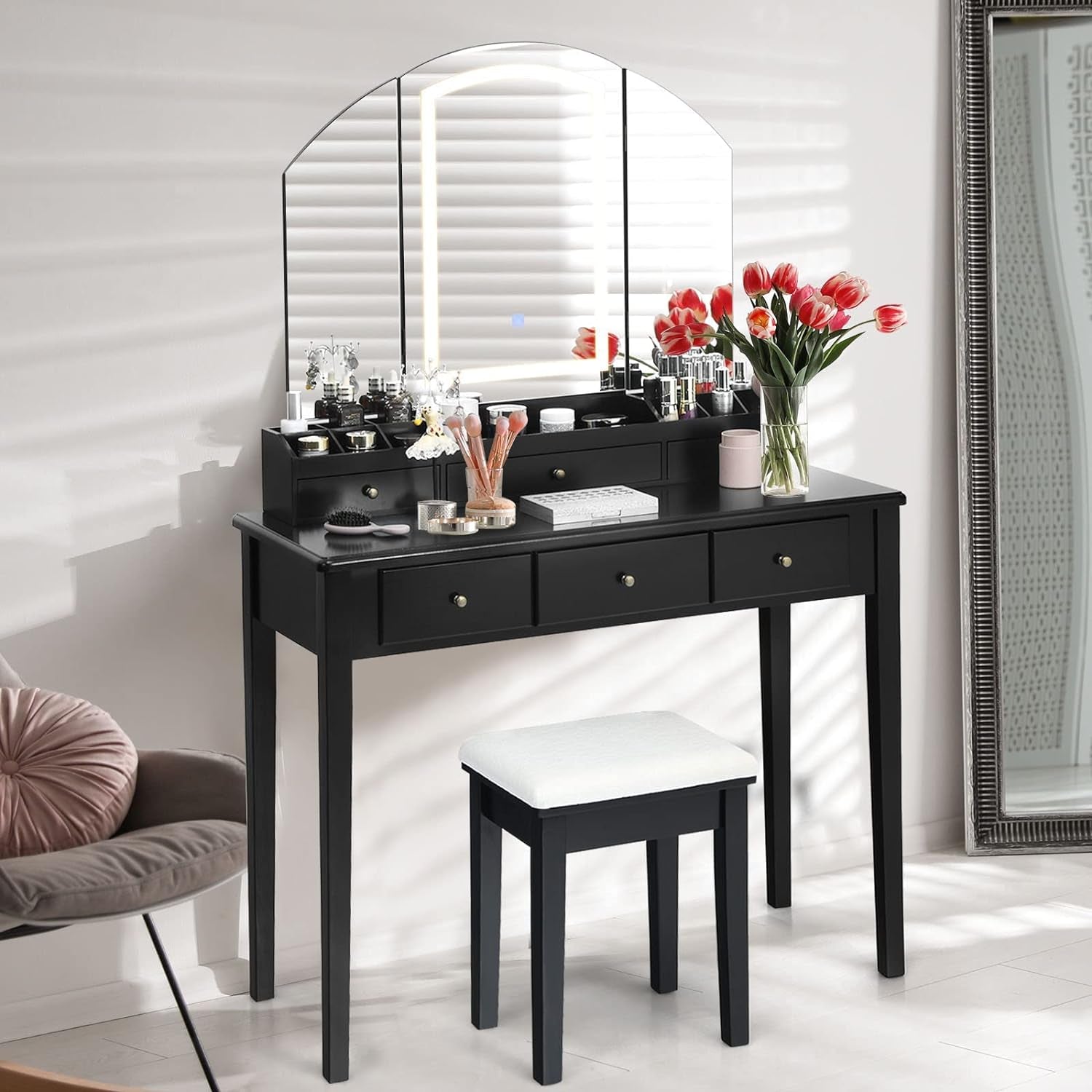 Large Vanity Set with Tri-Folding Lighted Mirror
