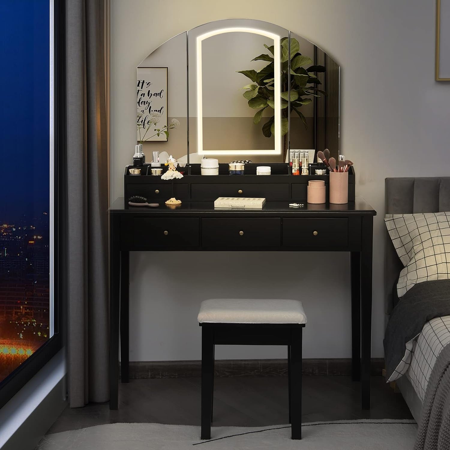 Large Vanity Set with Tri-Folding Lighted Mirror